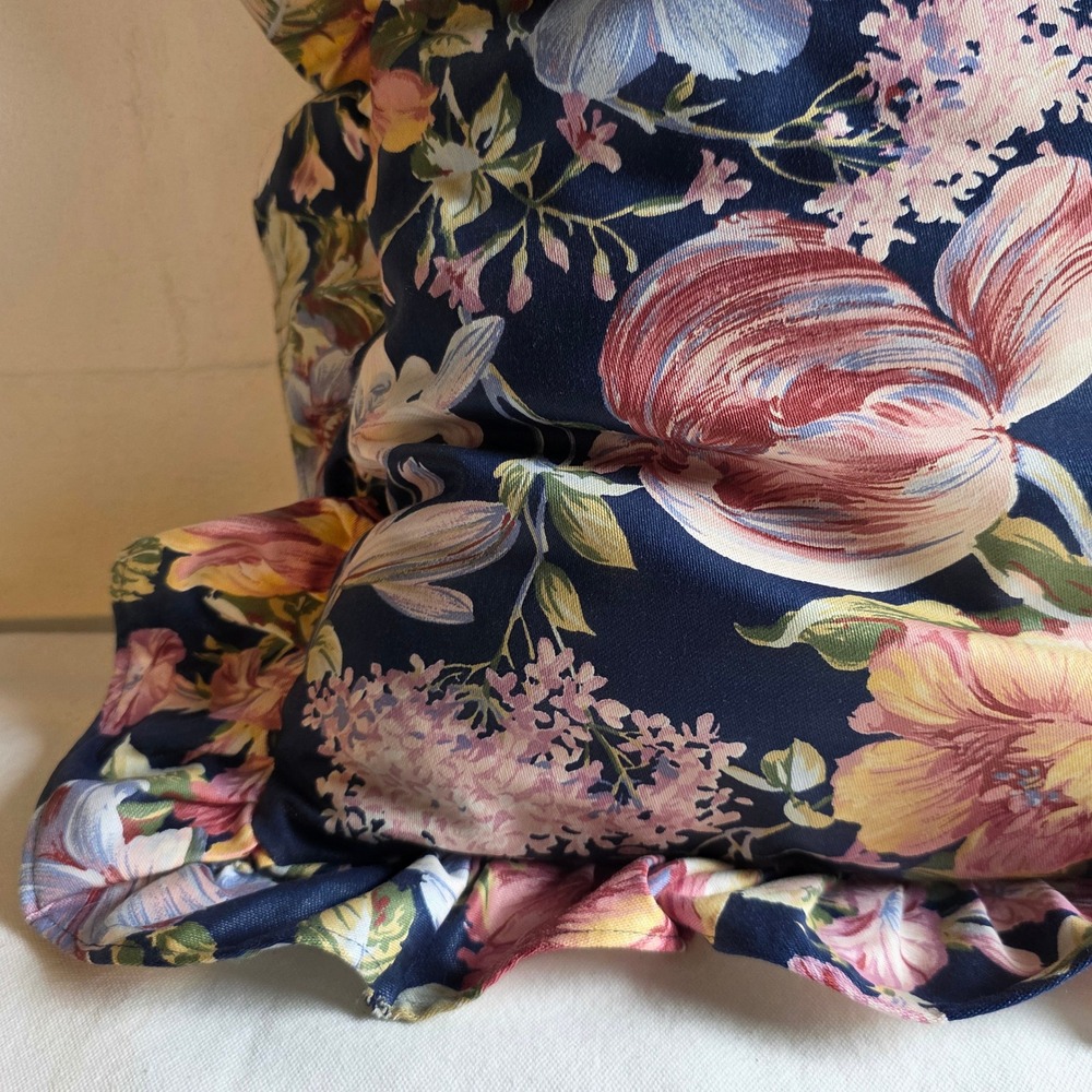 Vintage Floral Ruffled Throw Pillow Navy Blue Pink Botanical Cottagecore - Picture 6 of 9